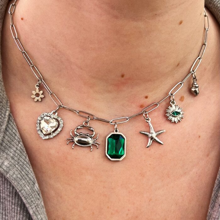 SILVER GREEN CHARM NECKLACE