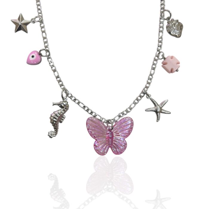 PINK BUTTERFLY SILVER CHARM NECKLACE